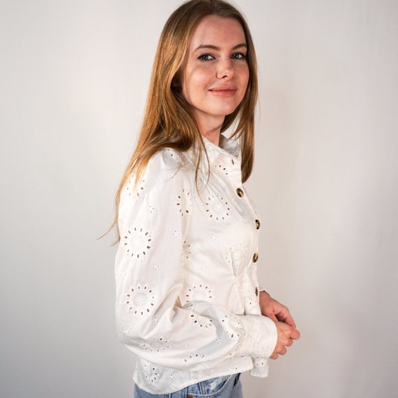 FREE PEOPLE Boho White Eyelet Button Shirt NWOT - Picture 3 of 7
